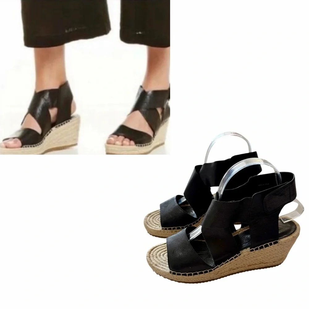 Eileen Fisher Willow Black Wedge Espadrille Platform Leather Sandals Size 8